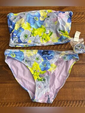 NWT Aerie FULL SET Bandeau Longline Top + Full Coverage Bottom in Blue Floral M